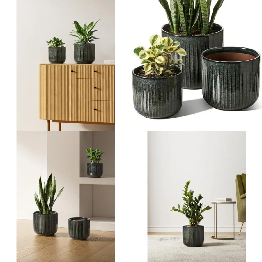 

Ceramic Pots for Plants, 8.3/7/6 Inch Indoor Planters with Drainage Holes and Mesh, Modern Glossy Glaze Cylinder Fluted Plant P