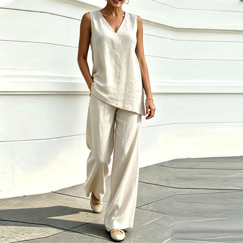 

New Summer Women Two Piece Set V Neck Sleeveless T Shirt Vest High Waist Loose Pants Suit Women Solid Color Casual Two Piece Set