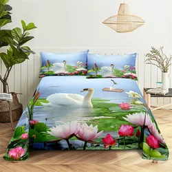 Juego de sábanas y fundas de almohada para niños y niñas, ropa de cama plana, Queen, Swan, flor, dormitorio