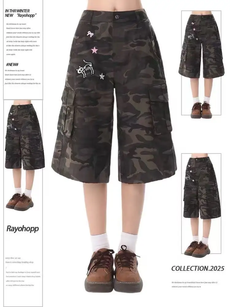 2000s Camouflage Loose Capris Cargo Pants Women Y2K Streetwear Summer Alt Shorts Pocket Short Pants Chic Bottom Acubi Trousers
