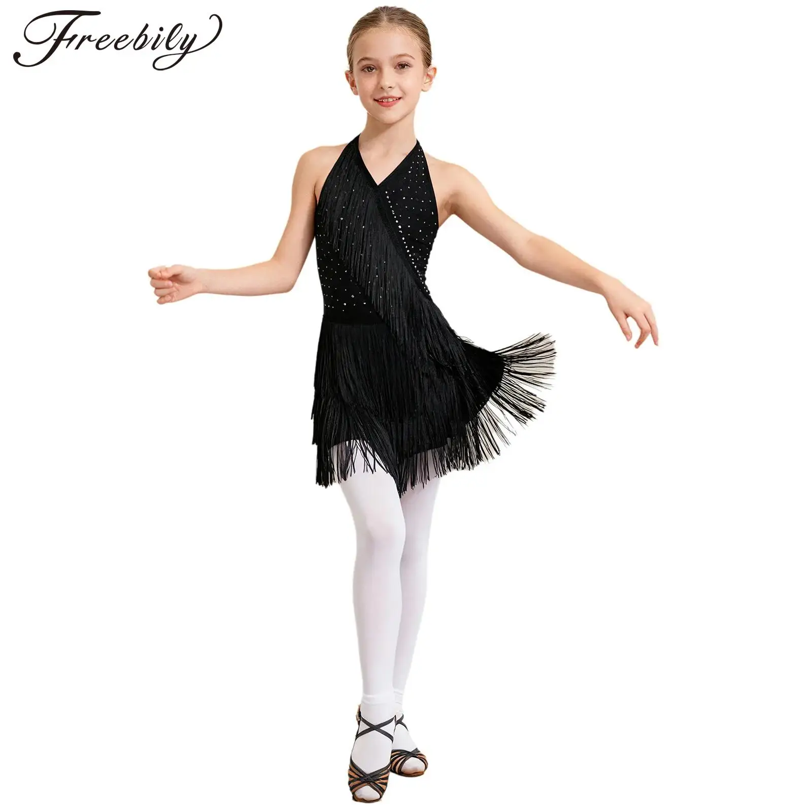 

Блестящий танцевальный костюм для девочек с камнями, без рукавов, для латины, балета, сальсы, ча-ча-ча, с бахромой, для выступлений на сцене