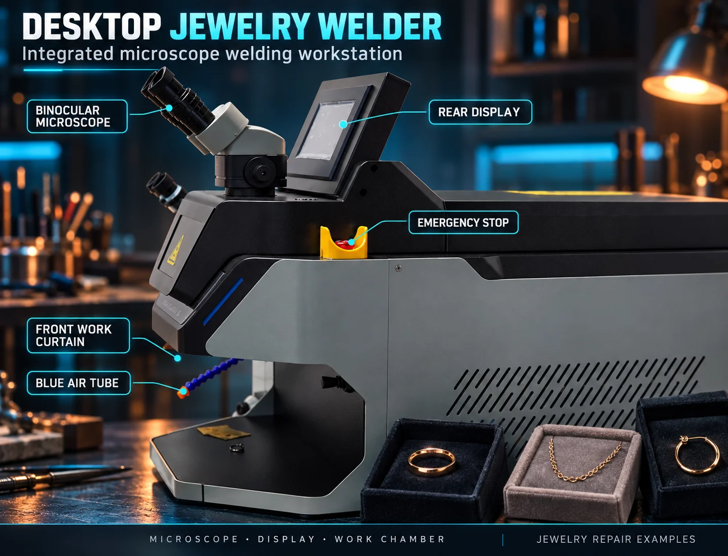 Jewelry Laser Welding System with Binocular Microscope, Vented Side Panel and Front Work Chamber for Workshop Repair Tasks
