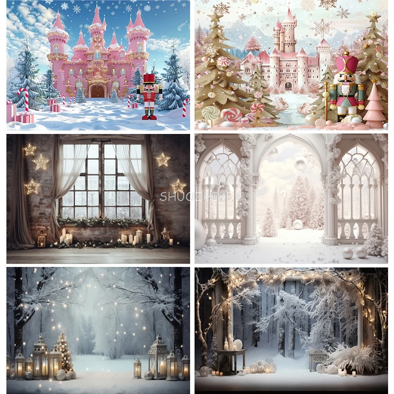 Christmas Tree With Gift Boxes Photography Backdrops Winter Snow Decorations Wooden Door Fireplace Room Background Props WR-04