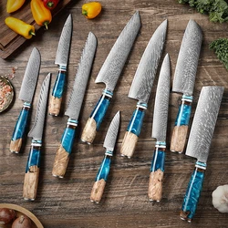 1-10pcs Kitchen Knife Set Damascus Steel Japanese Knives VG10 Steel Chef Knife Meat Cleaver Bread Knife Blue Resin Handle