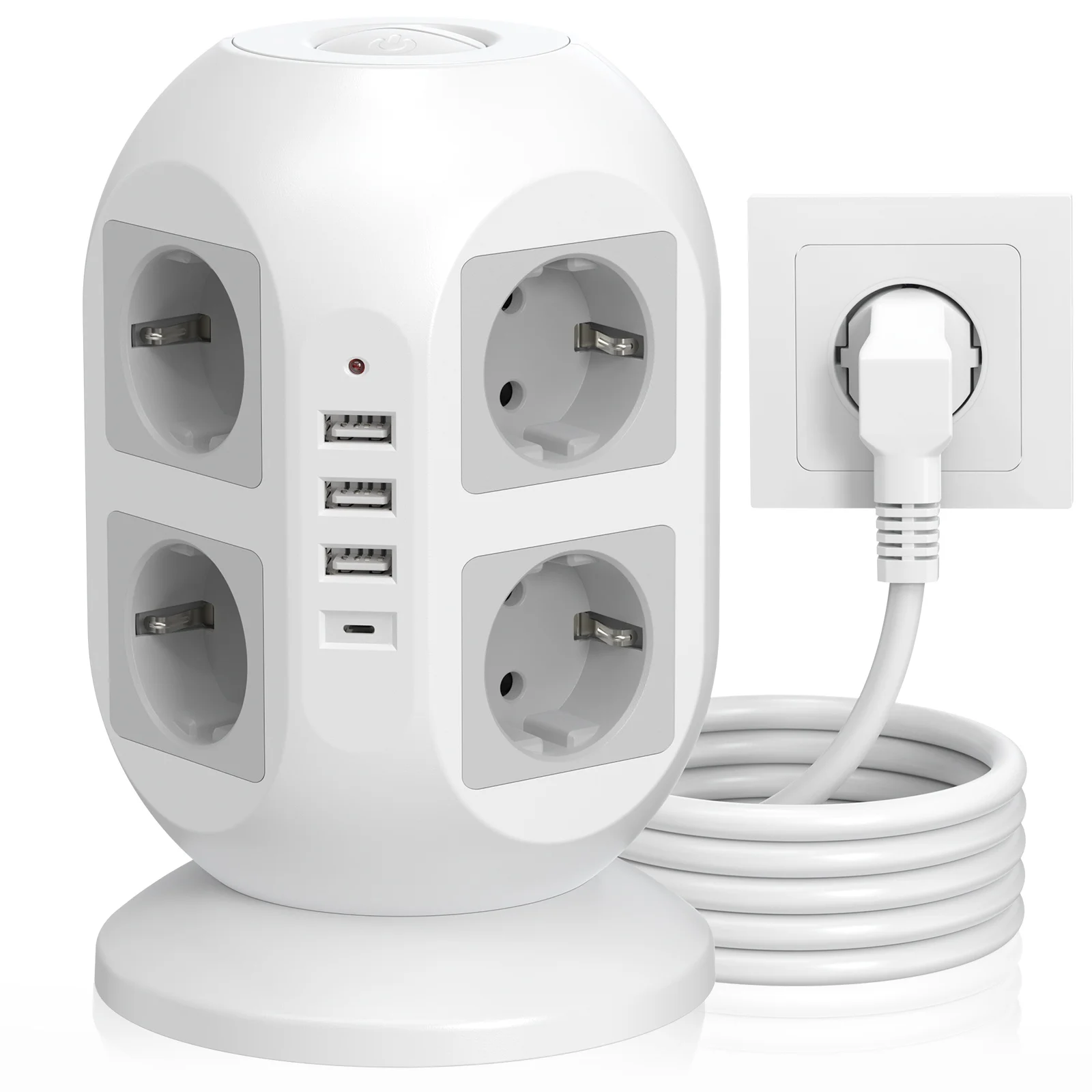 

Плата питания с вилкой европейского стандарта. Устройство защиты от перенапряжения с 8 розетками переменного тока. 4 интеллектуальными портами зарядки USB-A. 2 переключателя управления. Удлинитель длиной 2 метра.