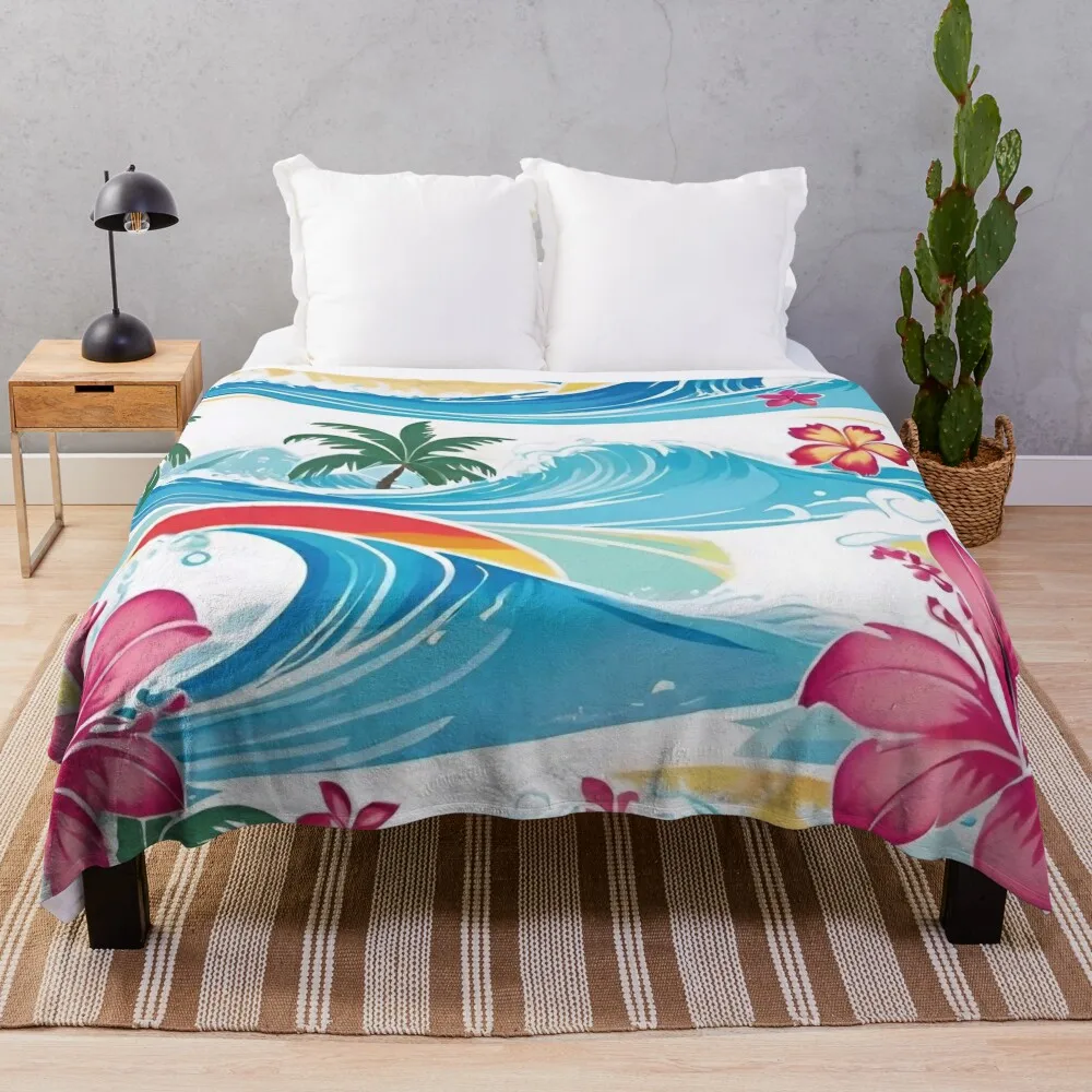 

Hawaiian Waves: Water Adventure Print Throw Blanket Bed linens Soft Beds Blankets