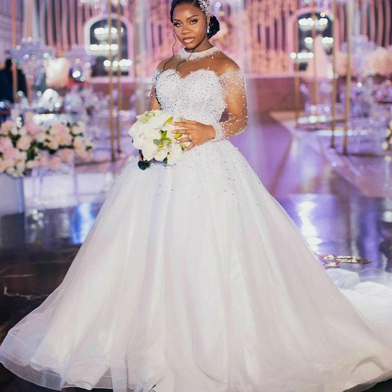 Aangepaste Glanzend Kralen Parels Arabische Aso Ebi Trouwjurk Lange Mouwen Vestidos De Novia Corset Terug A-lijn Bruidsjurken