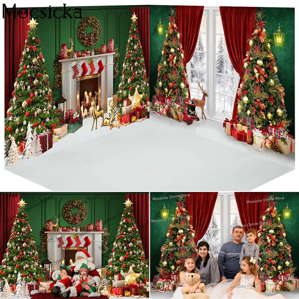 

Retro Green Christmas Room Background Fireplace Window Winter Family Portrait Backdrop Elk Toy Socks Xmas Tree Red Curtain Photo