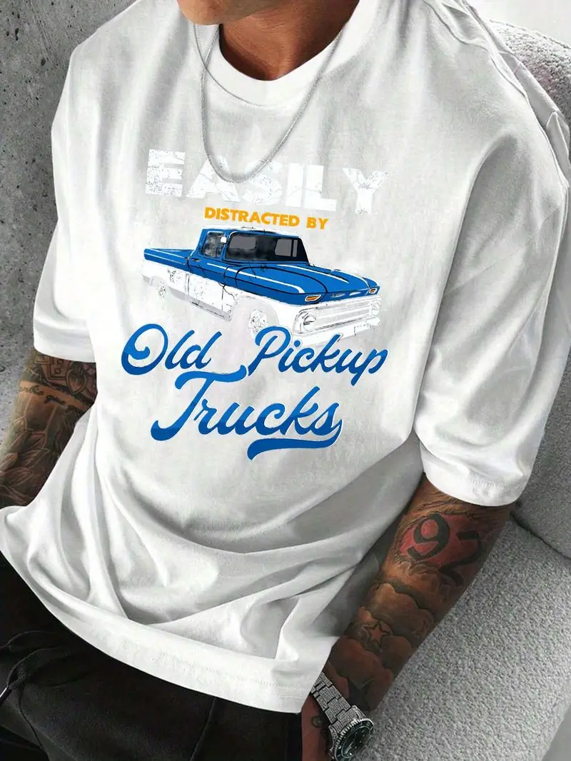 Men's Vintage T-Shirt Pickup Truck Pattern Letter Print Outdoor Casual Top Relaxed Fit Retro Style For Weekend Adventures