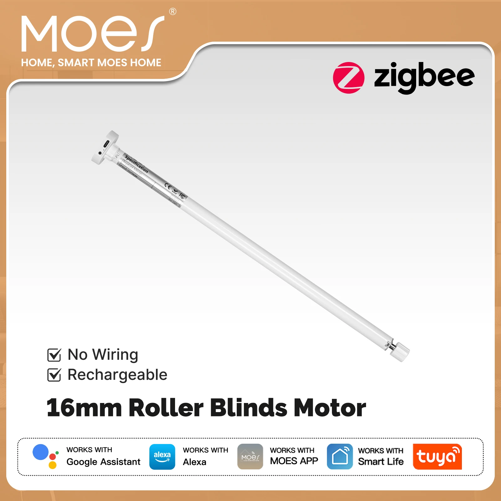 MOES Tuya ZigBee Smart Roller Blinds Motor 16mm Rechargeable Shade Driver for 17/25/28mm Tubes Works with Alexa Google Home