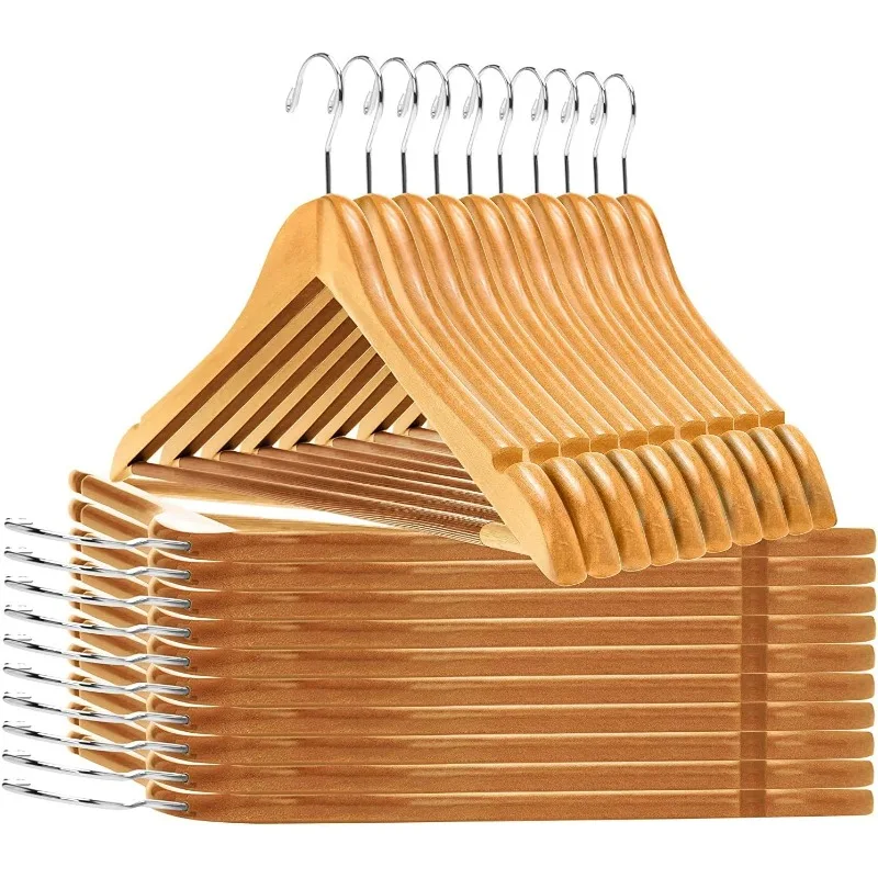 Wooden Hangers - Slightly Curved Hanger 30-Pack Sets - Solid Wood Coat Hangers with Stylish Chrome Hooks - Heavy-Duty Clothes,