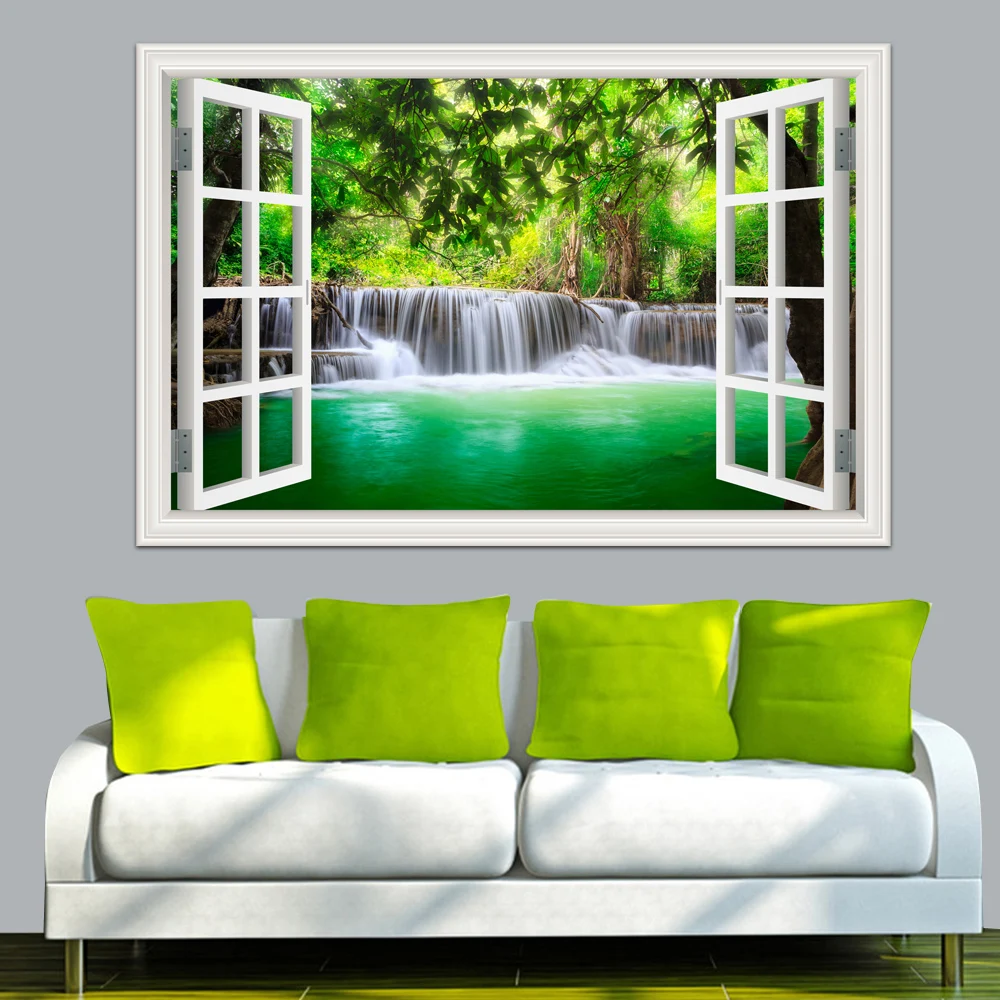 Green Waterfall 3D Window View Wall Decal Sticker, Self-adhesive Mural, Nature Landscape Wallpaper Peel And Stick