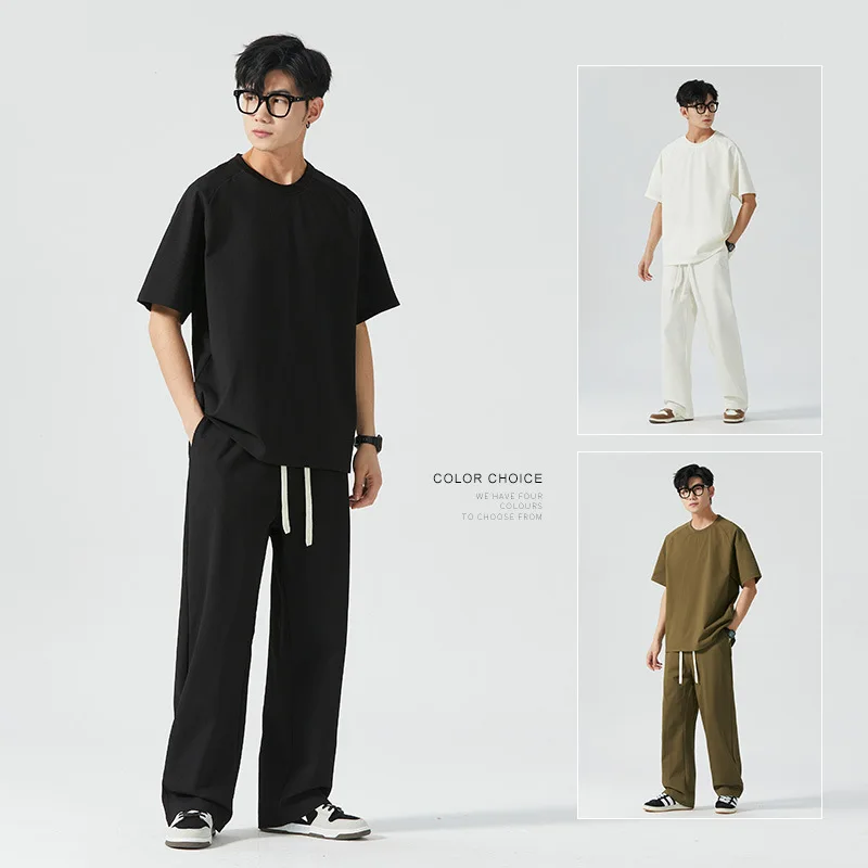 2024 Summer Thin Athleisure Simple Suit Men's Loose Short Sleeve Straight Sweatpants Student Solid Color Two-Piece Set