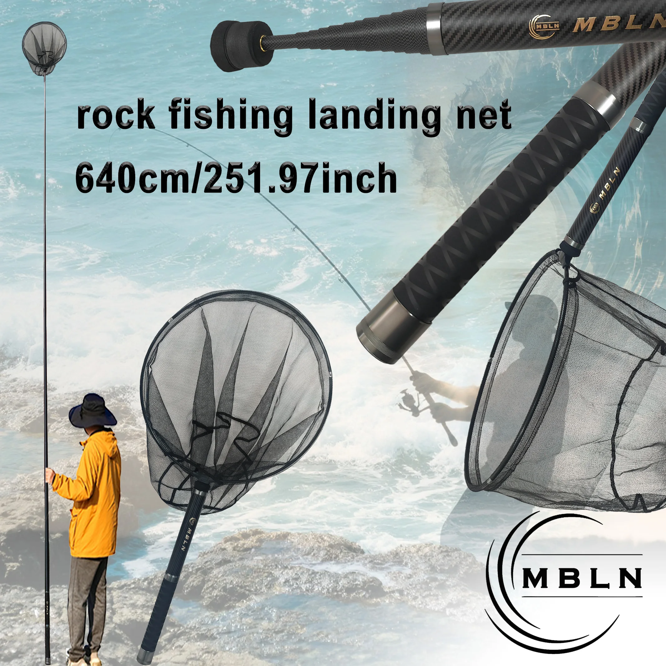 MBLN 6.4m Extra-Long Carbon Landing Net, Ultra-Short 57cm Folded Design, 7-Layer Carbon Pole with 50cm Net Head for Rock Fishing