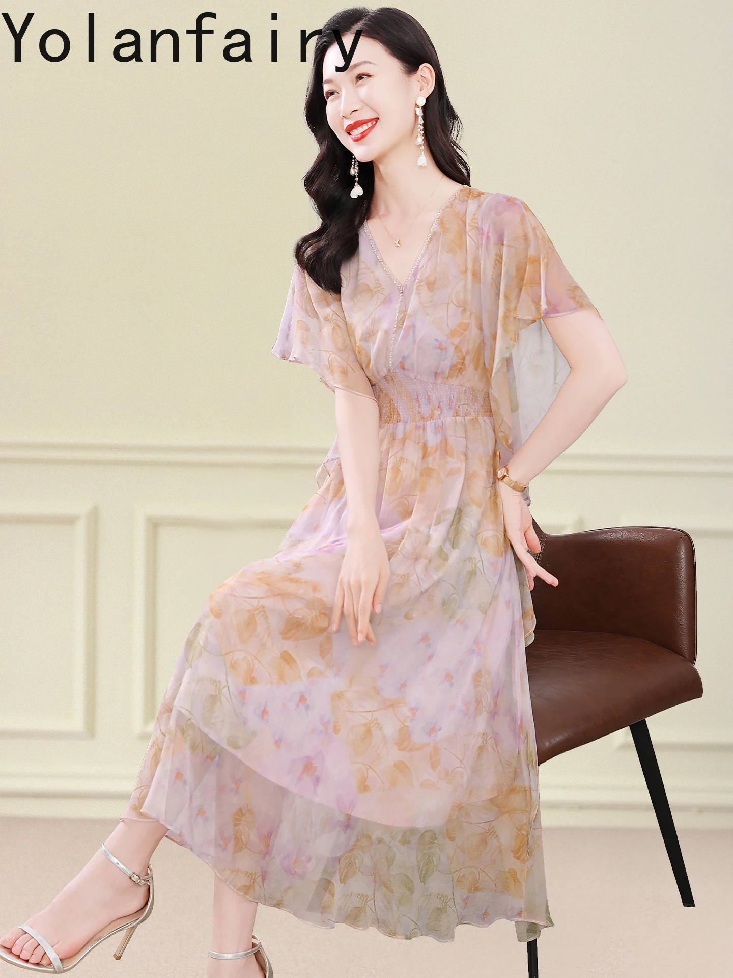 YOLANFAIRY 100% فستان حريري التوت الحقيقي للمرأة الصيف فساتين أنيقة عطلة أعلى جودة فستان طويل الأزهار فساتين حريمي