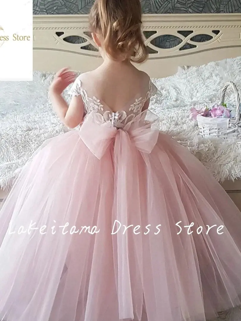 Princess Flower Girl Dress For Wedding Pink Applique Tulle Sleeveless With Pearls Kids Birthday Party Evening Ball Gown