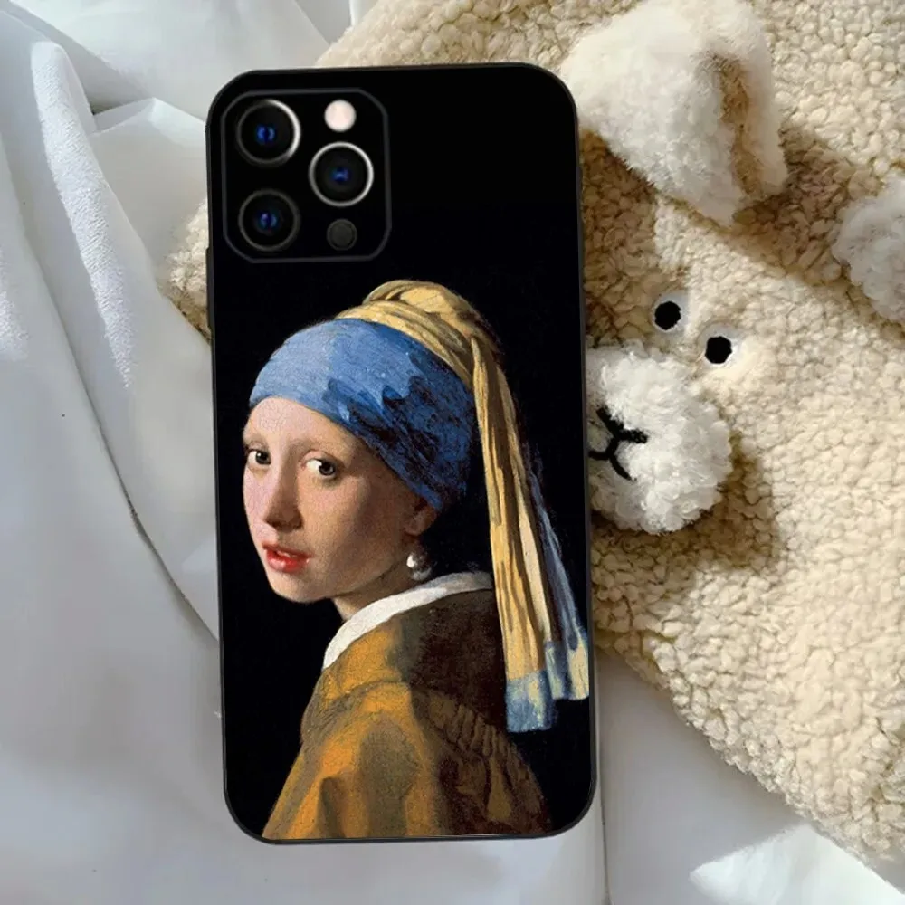 Girl With A Pearl Earring Vermeer Phone Case For Apple iPhone 15,14,13,12,11,Pro,X,XS,Max,XR,Plus,Mini Soft Black Cover