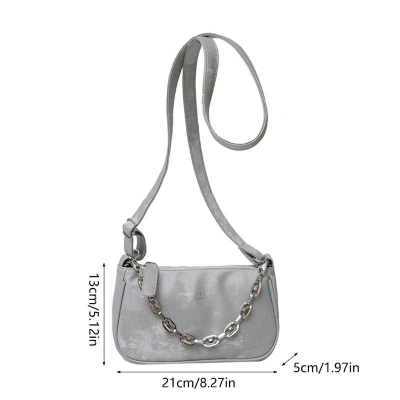 Bolso hombro con cremallera color sólido para mujer bolso axila cuero PU con cadena metal