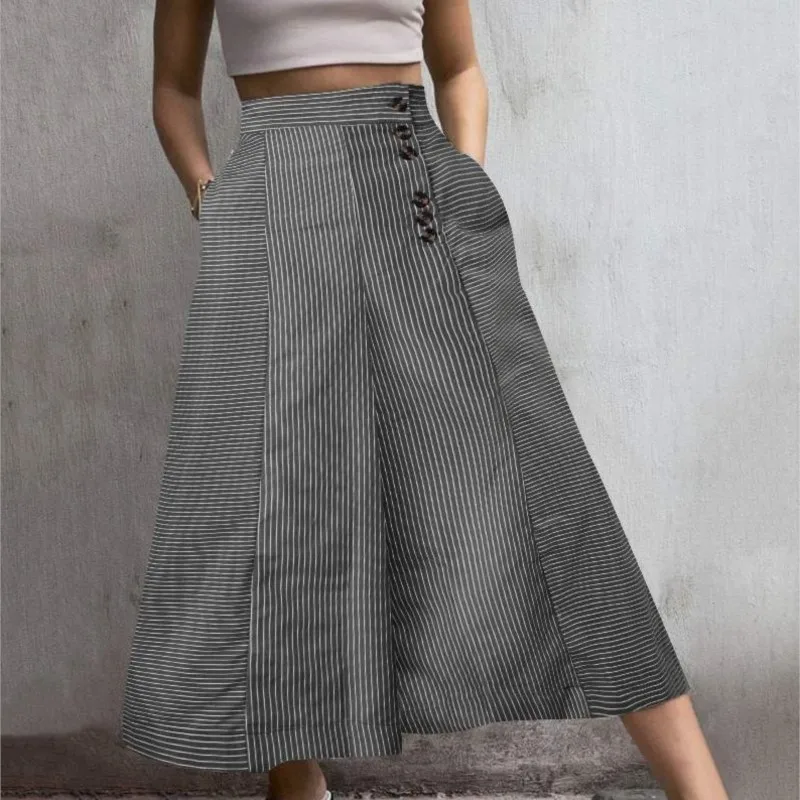 Fashion High Waist Striped Wide-leg Pants For Women 2024 Spring Autumn Button Print Loose Casual Pants Office Women\'s Pants New