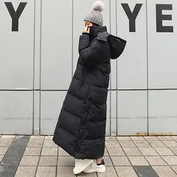 Down Parka Jacket Winter Black Extra Long Over Knee Jacket Women's Hooded Solid Color Pocket Thickened Warm Jacket Coat Women