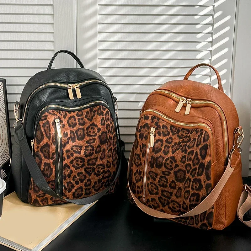 Mochilas de moda de PU con cremallera y estampado de leopardo, hilo de coser 2025, mochilas escolares clásicas simples y versátiles de gran capacidad para mujer