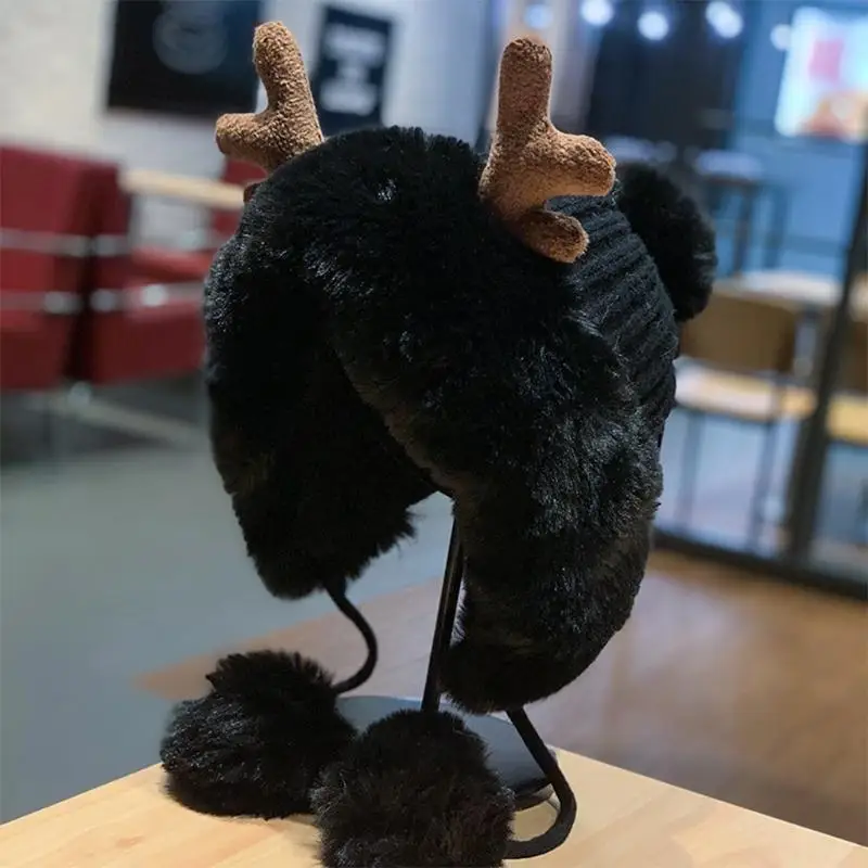 

39BB Элегантная зимняя шапка-бини с ушами из рогов и помпонами с ушами и плюшевой подкладкой, уличная шапка