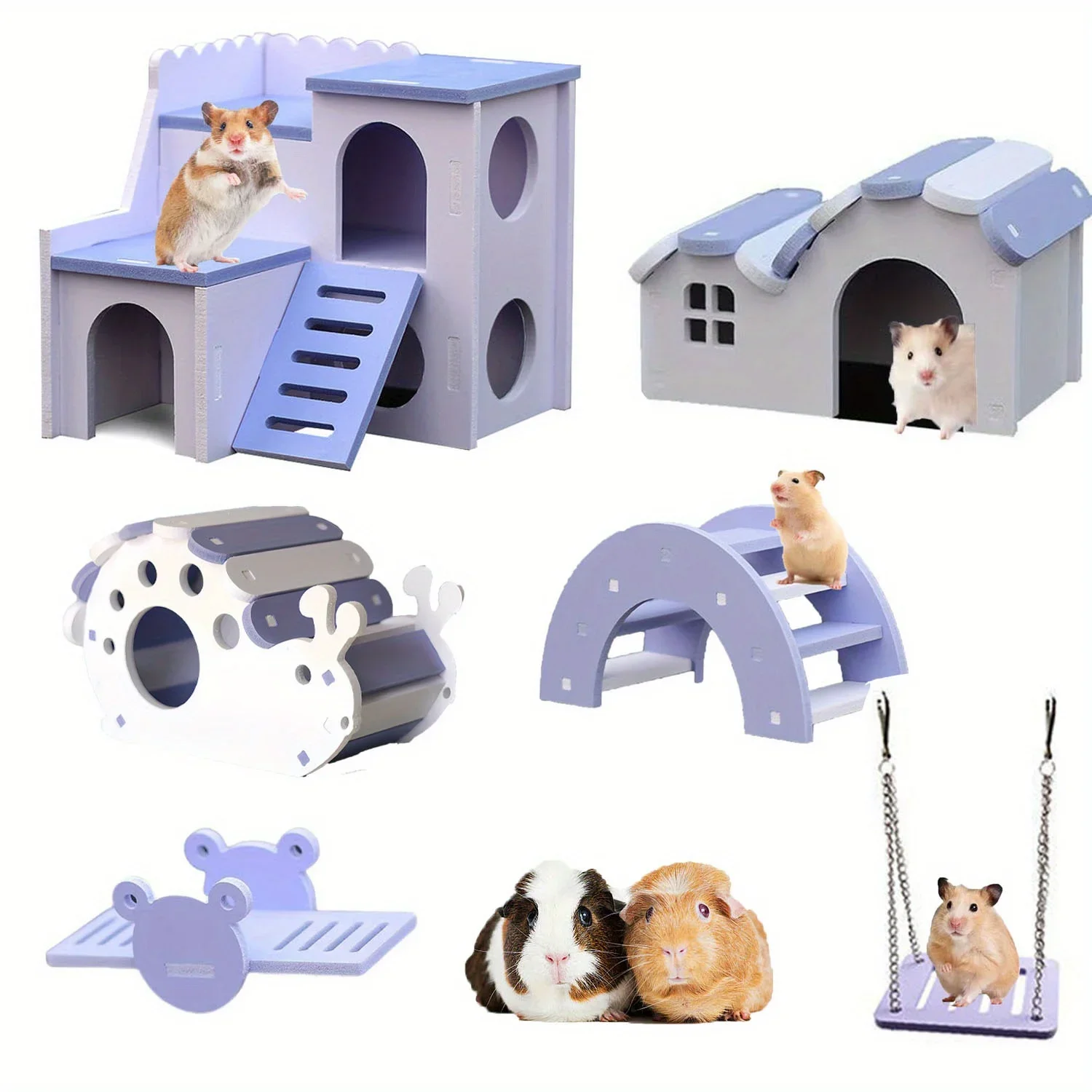 

6pcs Vibrant Hamster Fun Pack- Durable PVC Hamster House, Swing, Rainbow Villa, Bell Roller Snail House, Arch Bridge, Stimulation Toys for Hamster'S Physical And Mental Health
