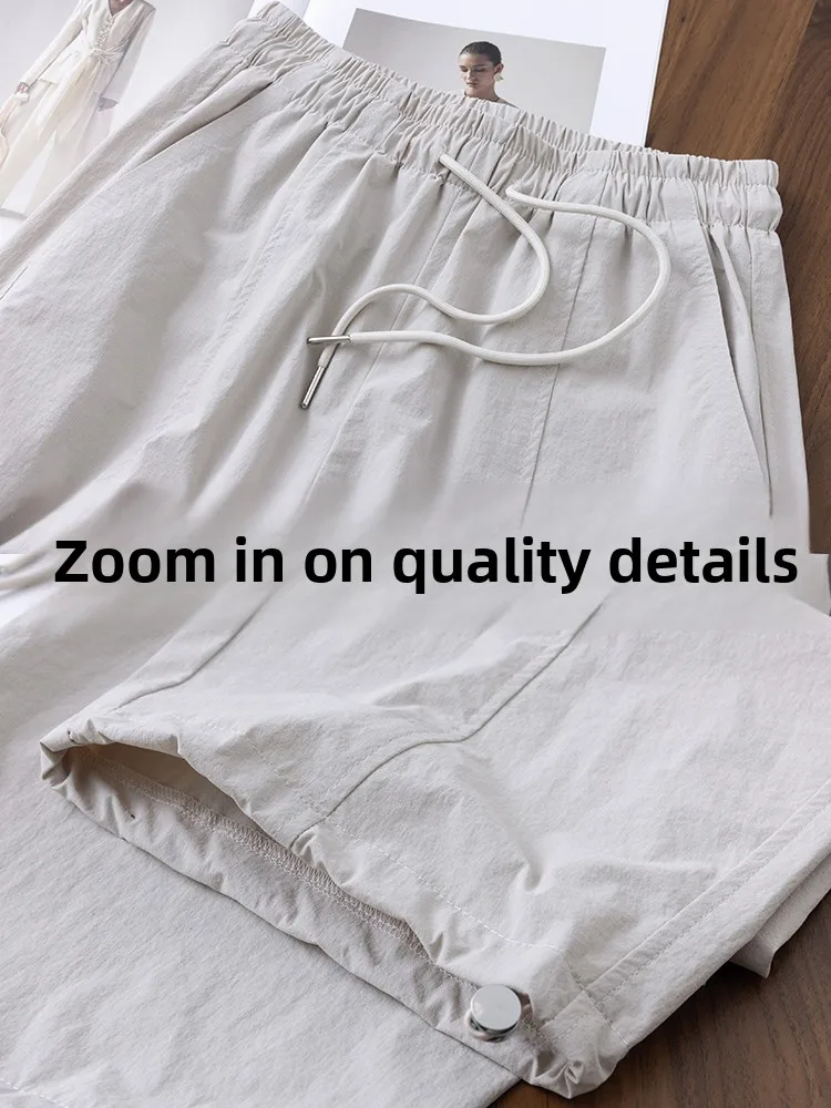 Calças de trabalho esportivas qui dry de seda gelo mulheres cintura alta fina proteção solar casual calças largas verão novo sle néctar rosa