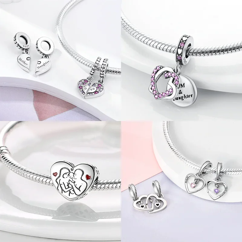 Sterling Silver 925 Colorful Heart Pendant Love Mom Series Beads Charms Fit Bracelets Dangle Diy Fine Jewelry for Women Gifts