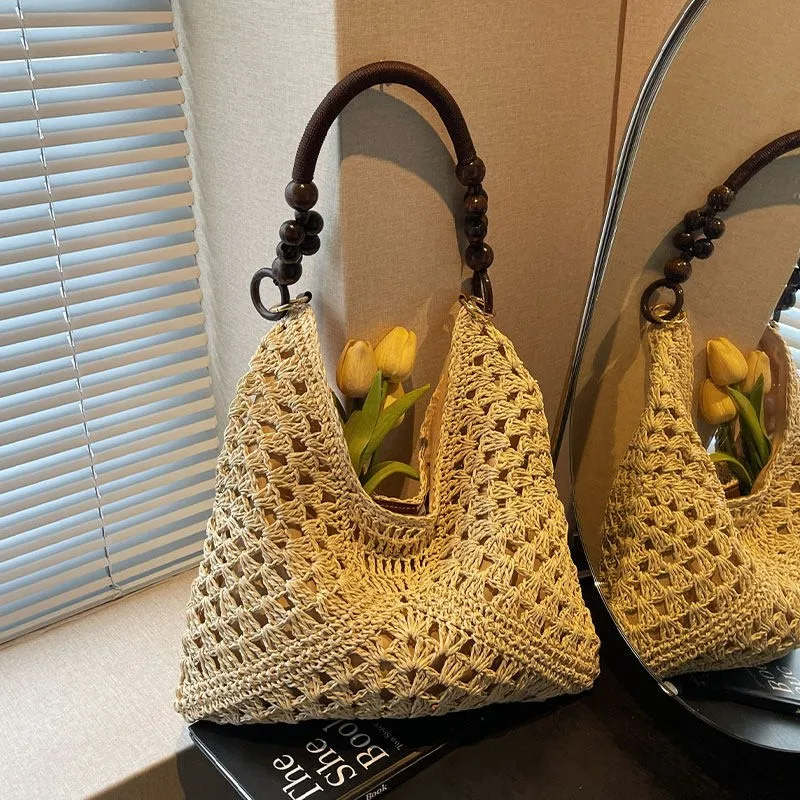 Beach Vacation Style Large Capacity Straw Woven Shoulder Bag Women's 2026 New Fashion Trend Tote Bag Casual Pure Color