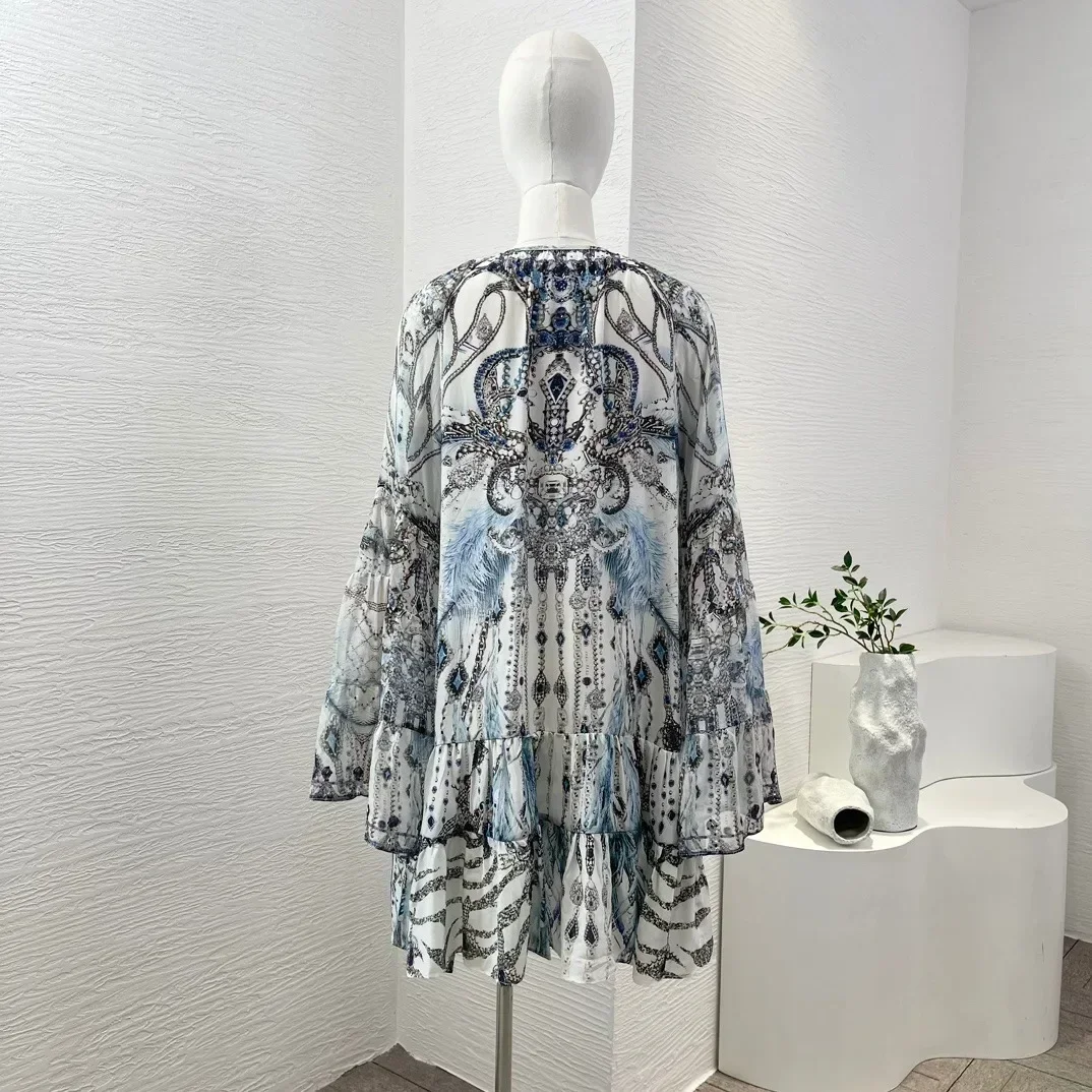 Mini robe à manches longues et col en V profond pour femme, bleu clair, blanc, imprimé floral, diamants, fête de vacances, nouveau, été, 2024