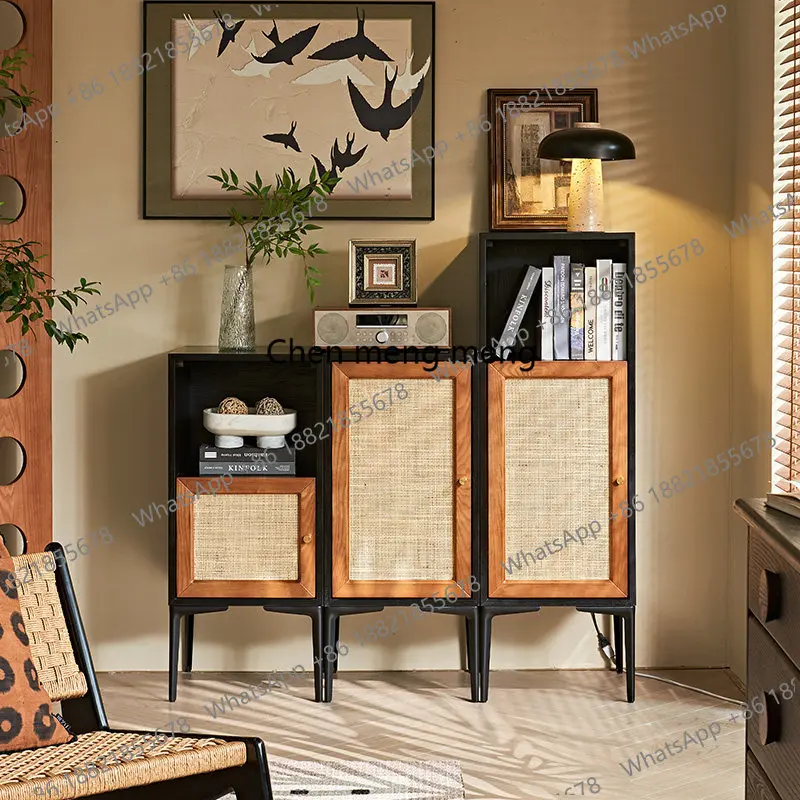 Solid wood rattan three-bucket cabinet medieval wabi-sabi wind high and low combined cabinet storage, locker