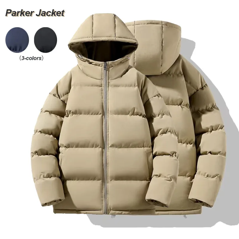 سترة منتفخة دافئة سميكة للرجال معطف بقلنسوة ملابس خارجية فضفاضة غير رسمية بلون سادة سترة شتوية عصرية ملابس خارجية يومية #1
