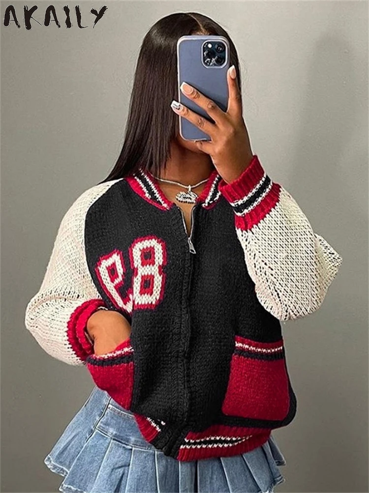 Akaily Winter Women Street Trendy Knit Sweater Coat 2024 Pocket Digit Zipper Casual Sweater Hip-Hop Y2K Cardigan Baseball Jacket