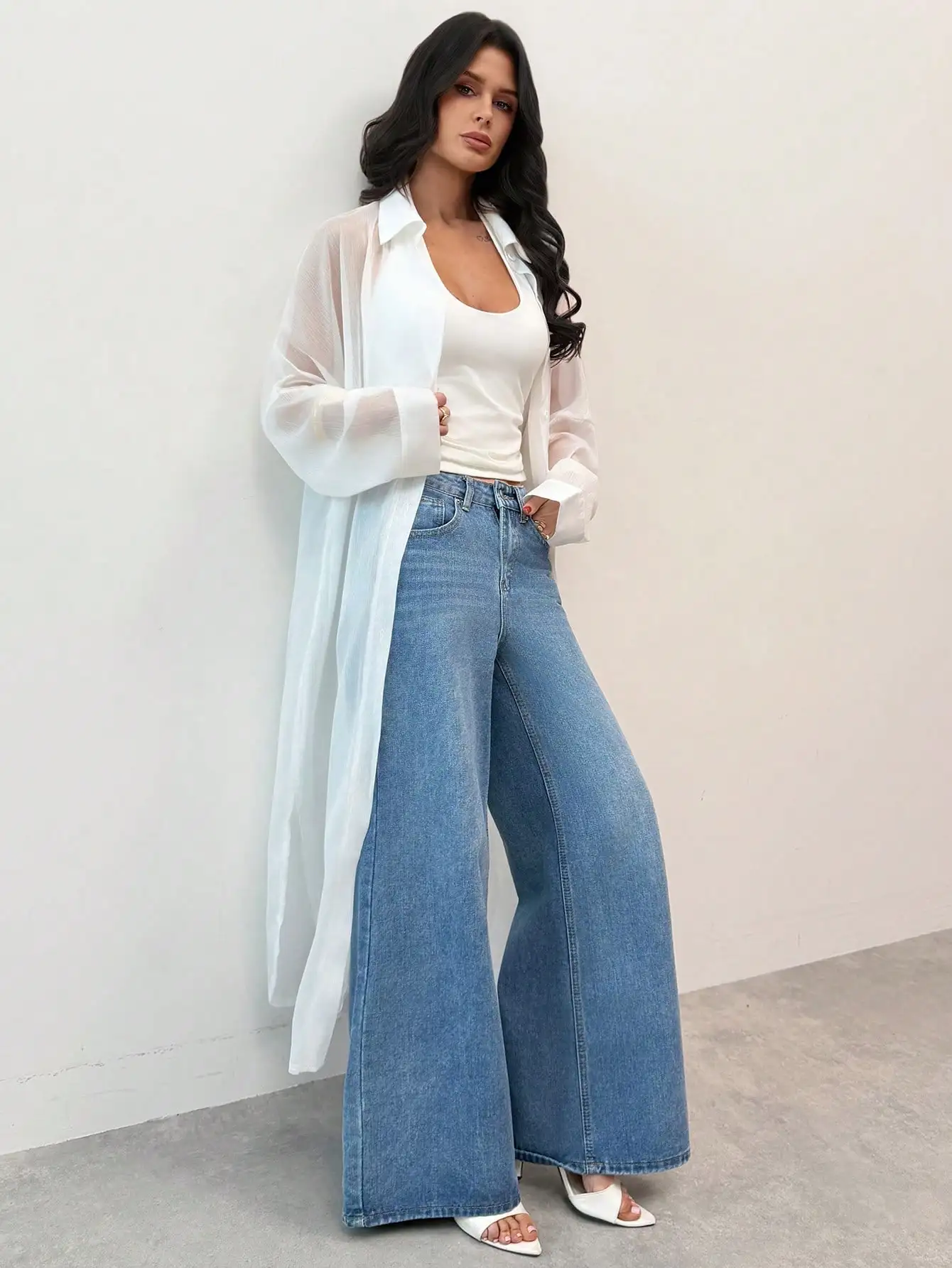 

Women's Sheer Loose Fit Long Sleeve White Shirt Kimono Style Oversized Shacket