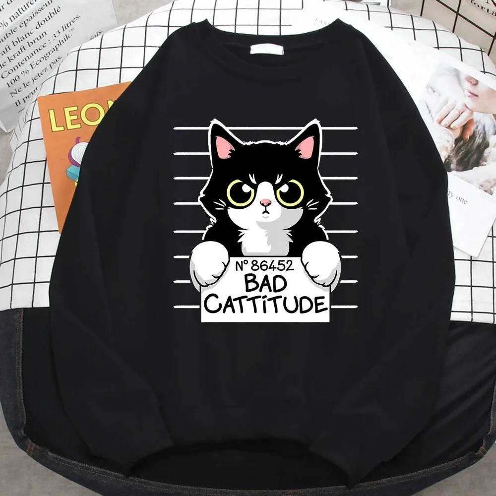 

Autumn Winter Womens Pullover No86452 Bad Cattitude Funny Cat Print Hoodie Fleece All-Math Sweatshirts Warm Crewneck Ladies Tops