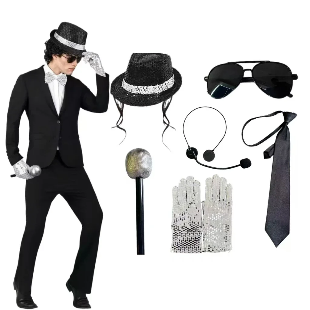 Michael Jackson Cosplay Accessories Set 80S Retro Disco Party Performance Kit with Sequin Hat Gloves Sunglasses Halloween Suit