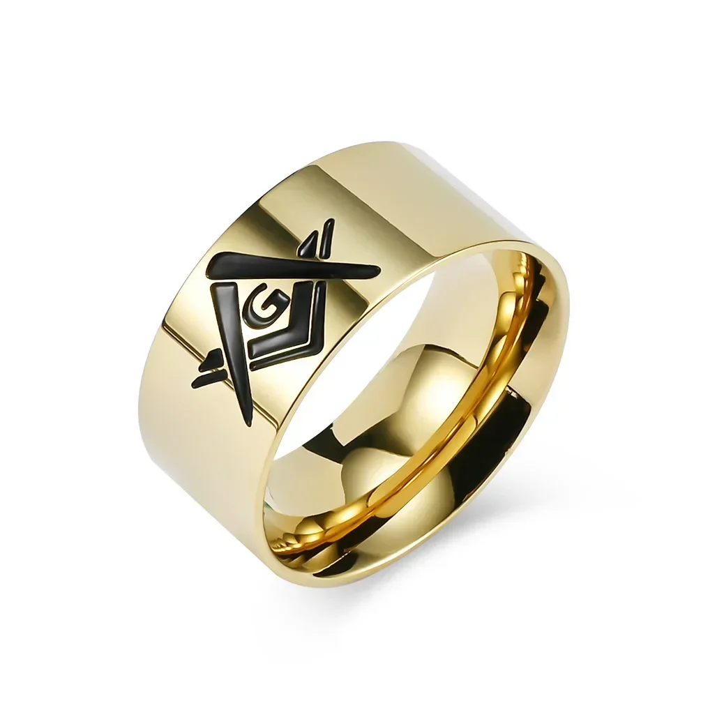 10mm Black Gold Plated Stainless Steel Men's Freemasonry Band Ring Cool Quality Titanium Mason Ring