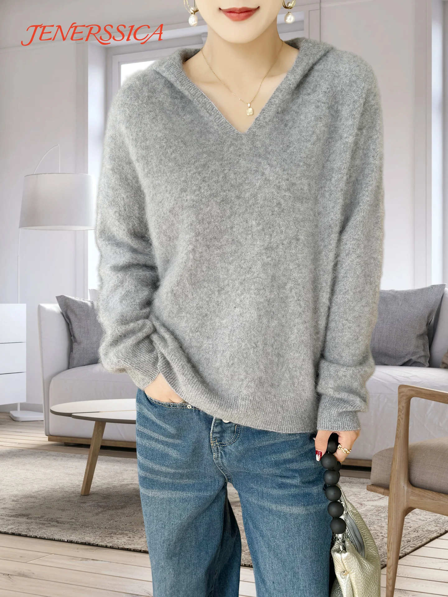 

Легкий роскошный осенне-зимний женский свитер, новая мода, женский трикотаж из 100% мериносовой шерсти, пуловер с капюшоном, одежда с длинными рукавами, топы