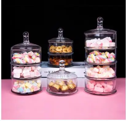 Crystal Candy Jar Transparent Glass with Lid Four Floors Food Storage Home Use Desktop Multi-layer Decoration