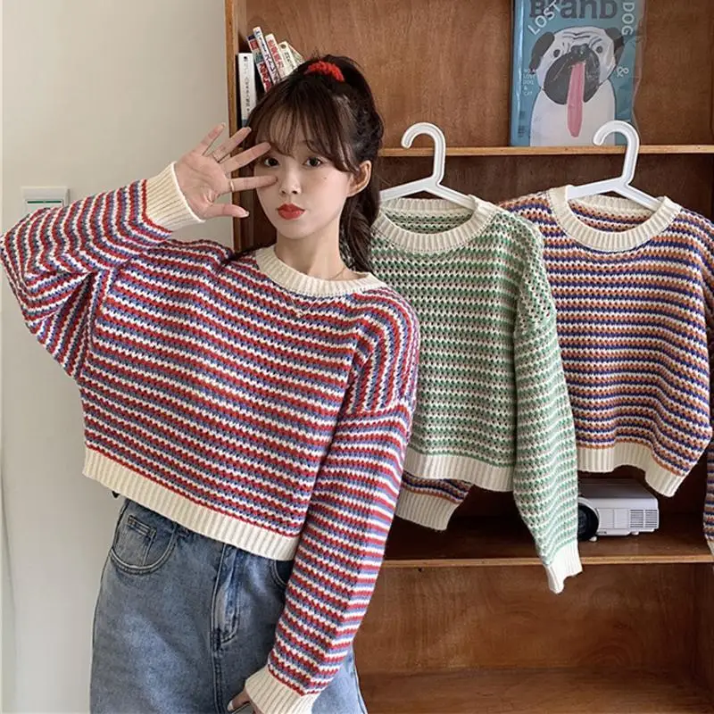 

Autumn new style college style color-blocked striped loose short style for small people to wear long-sleeved sweaters for women