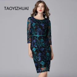 Embroidery Lace Dresses for Women, Vintage Dress, Three Quarter Knee Length, Ladies Dress, New Arrival, Autumn, 16133, 5XL, 100K