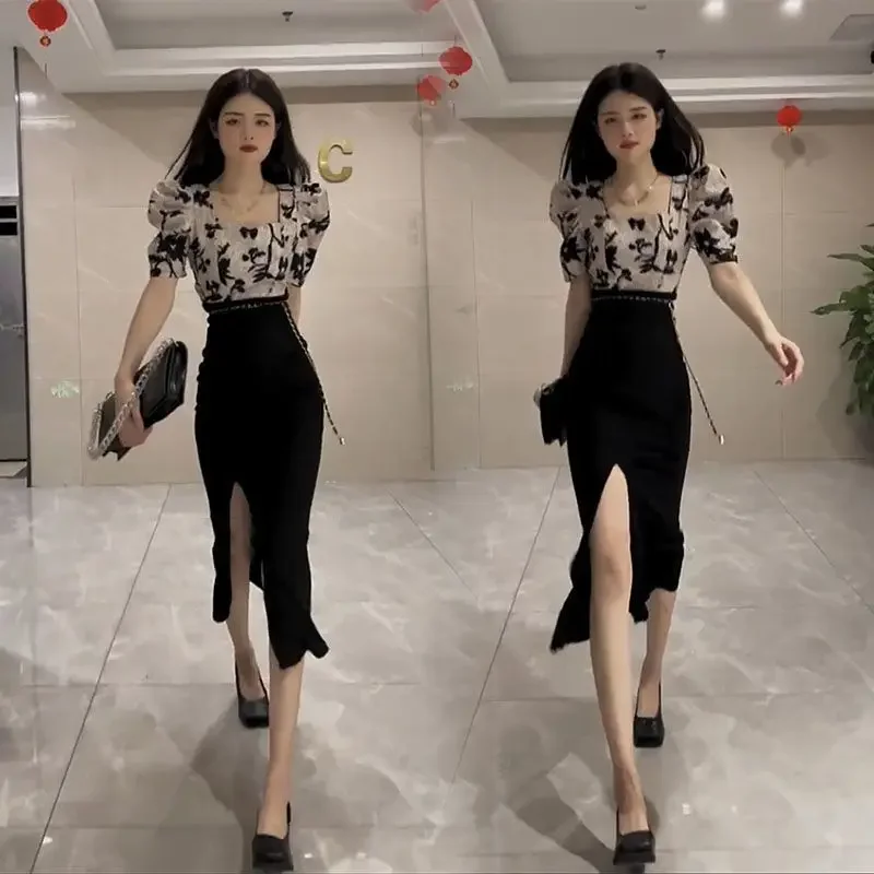 

Sexy 2 Pieces Sets for Women Slit Suits Short Sleeve Office Maxi Woman Outfit Long Festival Full Summer Clothes 2024 Stylish Y2k