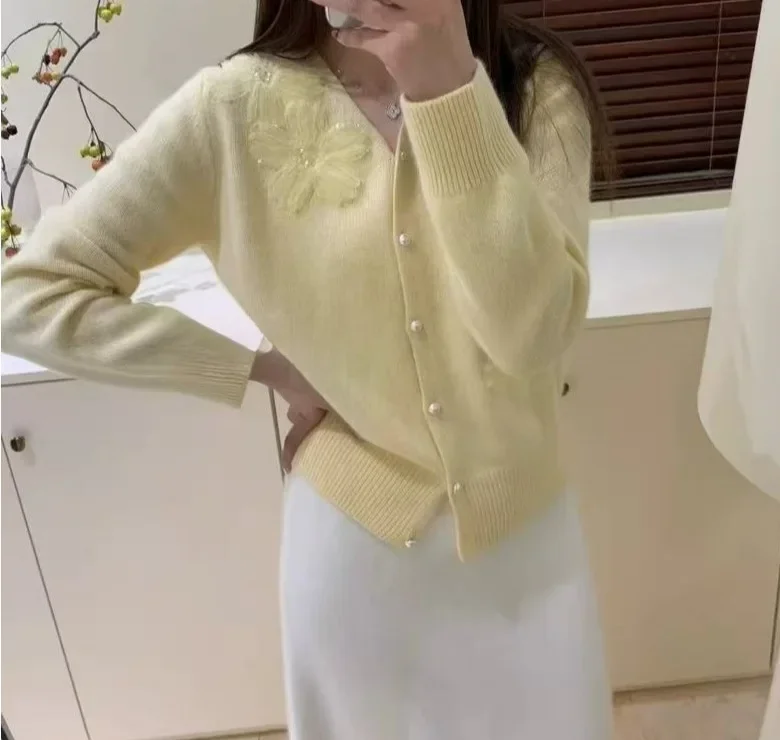 ربيع الخريف محبوك لينة مريحة تصميم الأزهار المرأة المفتوحة سترة الخامس الرقبة أكمام العصرية سترة عارضة نمط مريح #4