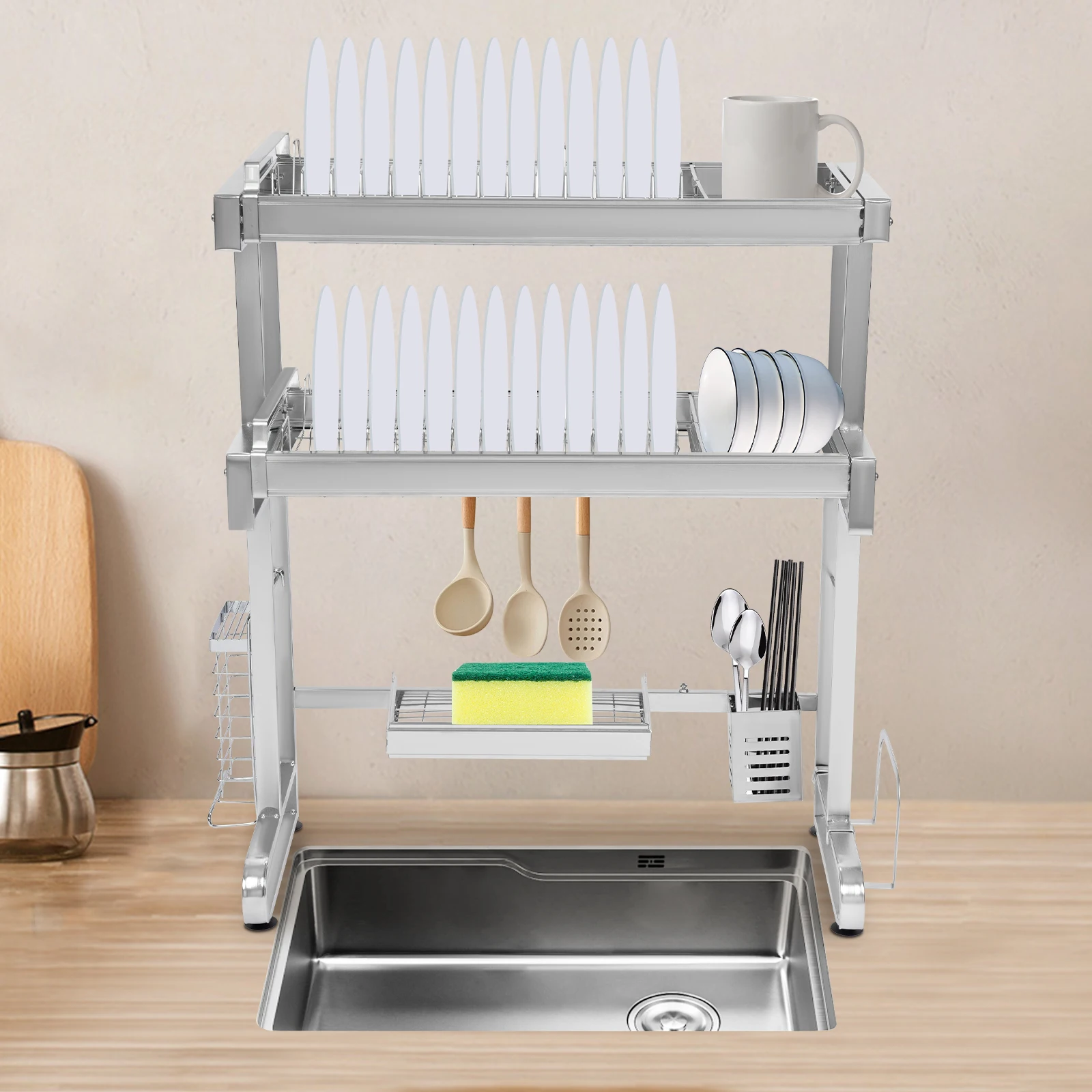 Double layer Dish Drainer Rack Kitchen Plate Cutlery Drying Holder expandable