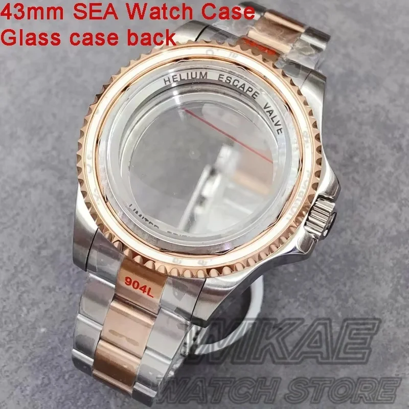 44MM SEA Big Two Tone Rose Gold DEEP Homage Sapphire Glass Waterproof Watch Case Stainless Steel Bracelet Fit NH35 NH36 Movement