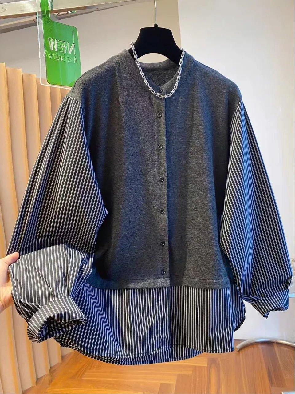 

Unique Design Striped round Ne Long Sve irt Women's Loose Top Spring Autumn Korean Sle Fake Two-Piece Upper Body