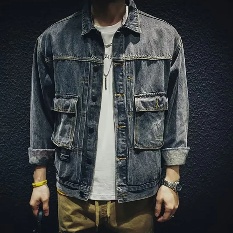 

Корейская версия, весенне-осенняя новая мужская рабочая одежда в стиле ретро, повседневная джинсовая куртка, приталенная куртка с лацканами, джинсовая куртка с большим карманом