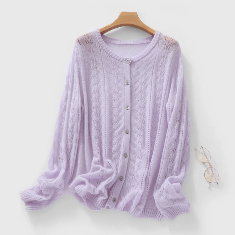 Women's long sleeved Hollow Mulberry Silk Cashmere Cardigan Sweaters Spring/Autumn Temperament Fit Solid Round Neck Knit Tops