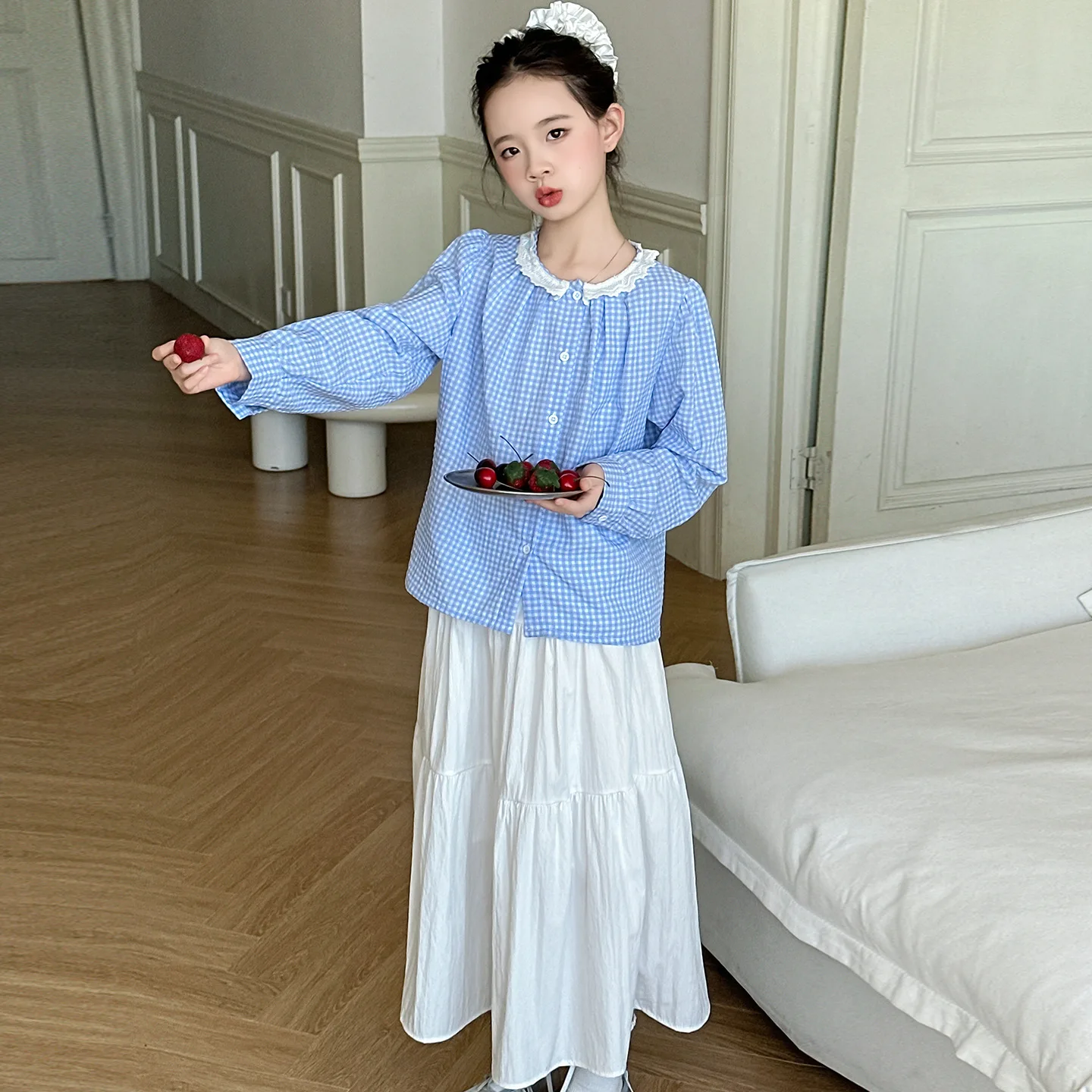

Autumn Junior Girls Two-piece Sets Kids Girls Plaid Long Sleeves T-shirt Children Girls Elastic Waist Skirt 4-14Y Girls Outfit